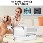 Load image into Gallery viewer, Woman grooming a golden retriever using a 7-in-1 pet vacuum grooming kit with trimmer and shaver on a table
