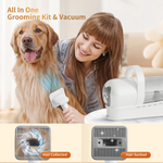 Load image into Gallery viewer, Woman grooming a golden retriever using a 7-in-1 pet vacuum grooming kit with vacuum and trimming functions
