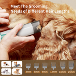 Load image into Gallery viewer, Person using a pet vacuum grooming trimmer on a dog’s fur with different length clipper comb attachments shown below
