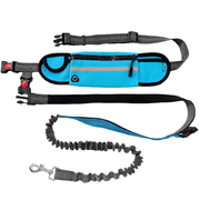 Blue hands-free running dog leash with waist pack and bungee cord, ideal for jogging or walking with pets securely and comfortably.
