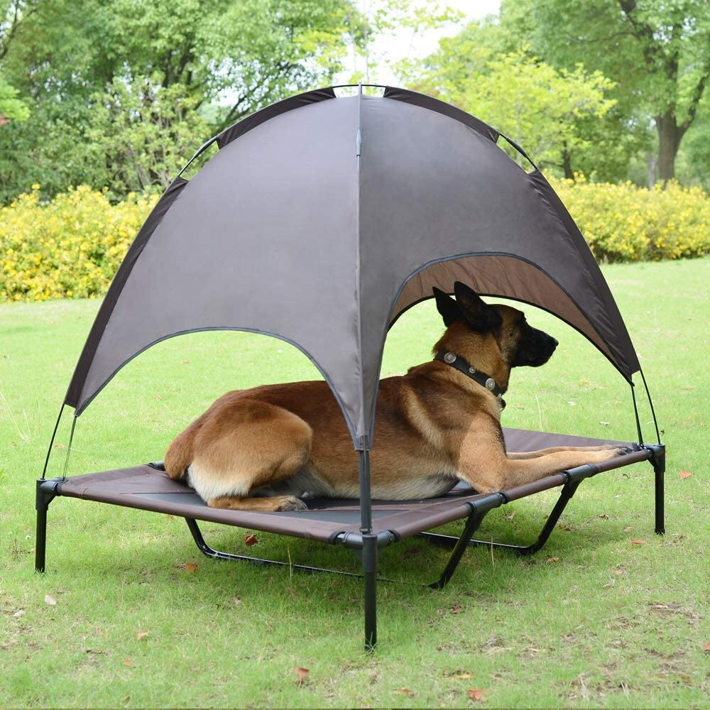 Large dog resting comfortably on elevated pet tent bed with breathable fabric and sunshade canopy outdoors on grass