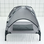 Load image into Gallery viewer, Gray elevated pet tent bed with breathable mesh and summer shade canopy on black legs against tiled background
