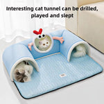 Load image into Gallery viewer, Blue breathable cat tunnel bed with three cozy sections and soft mat for hiding, playing, and sleeping cats
