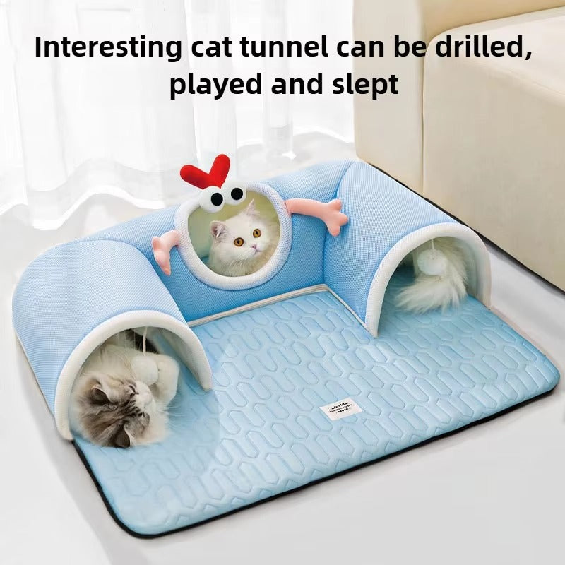 Blue breathable cat tunnel bed with three cozy sections and soft mat for hiding, playing, and sleeping cats