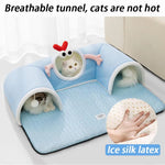 Load image into Gallery viewer, Breathable blue cat tunnel bed with soft ice silk latex mat, designed for cats to hide, play, and sleep comfortably.
