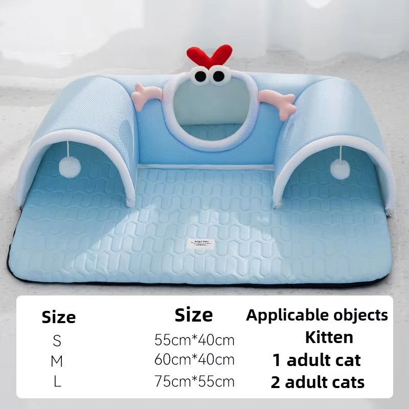 Breathable blue cat tunnel bed with playful crab design, perfect for kittens and adult cats to hide and sleep comfortably.
