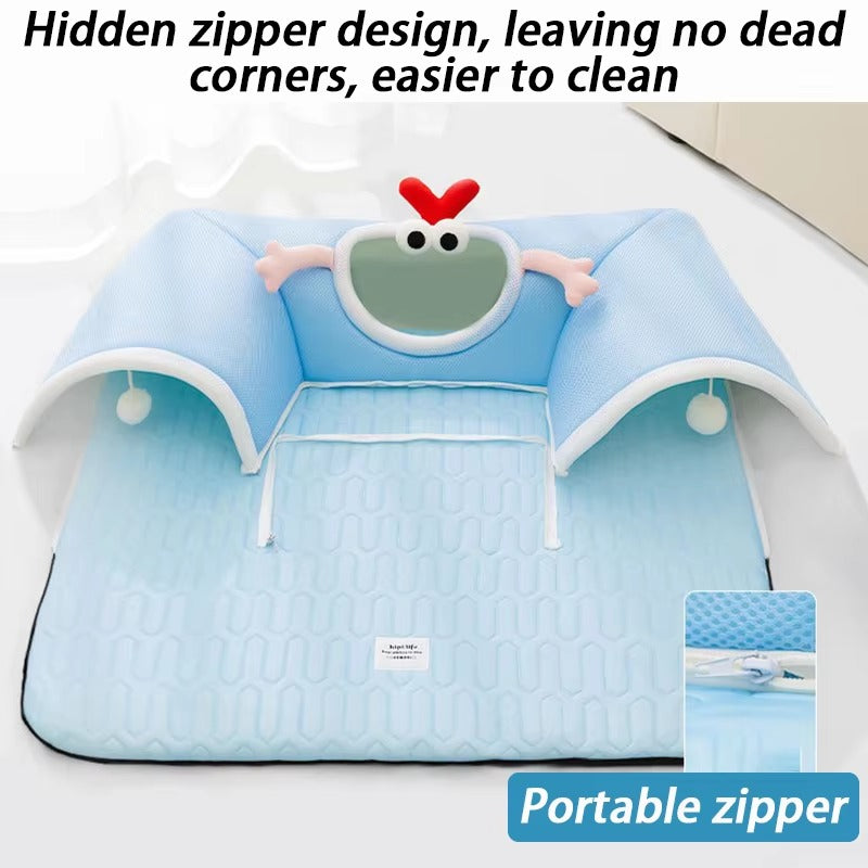 Light blue breathable cat tunnel bed with hidden zipper design for easy cleaning and comfort.