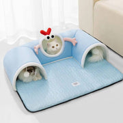 Blue cat tunnel bed with breathable fabric and playful design showing two cats resting inside and around it