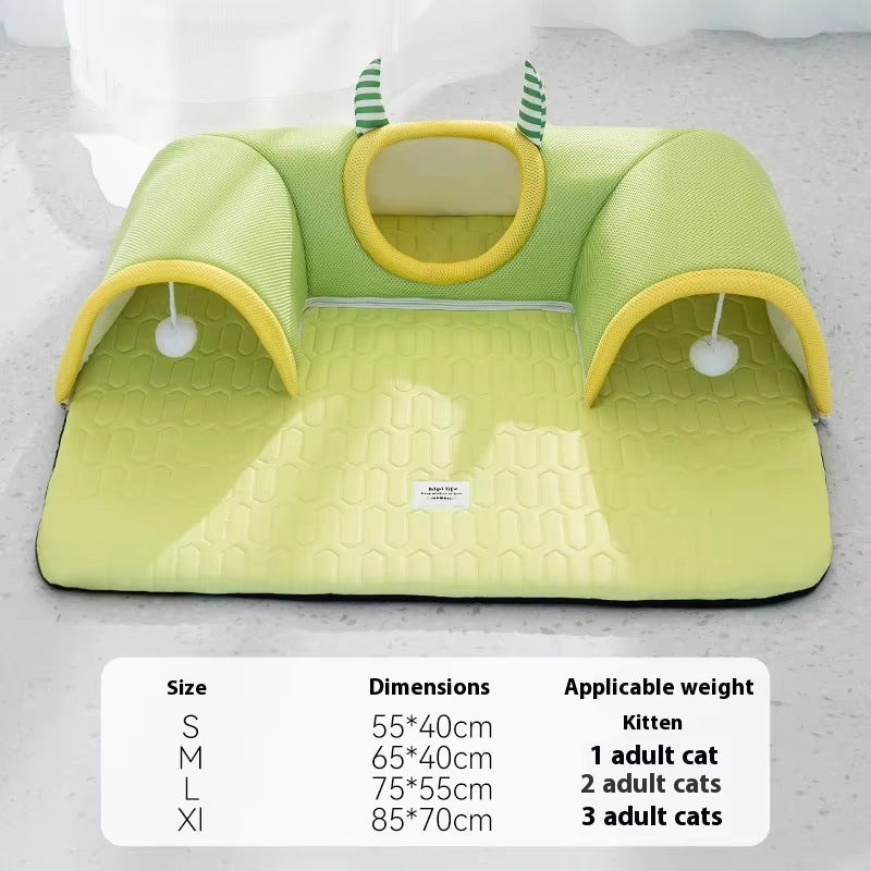 Breathable green cat tunnel bed with hanging toys for kittens and adult cats, multiple size options shown with dimensions.