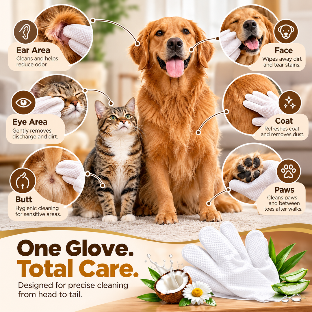 Pet grooming glove wipe for dogs and cats between baths